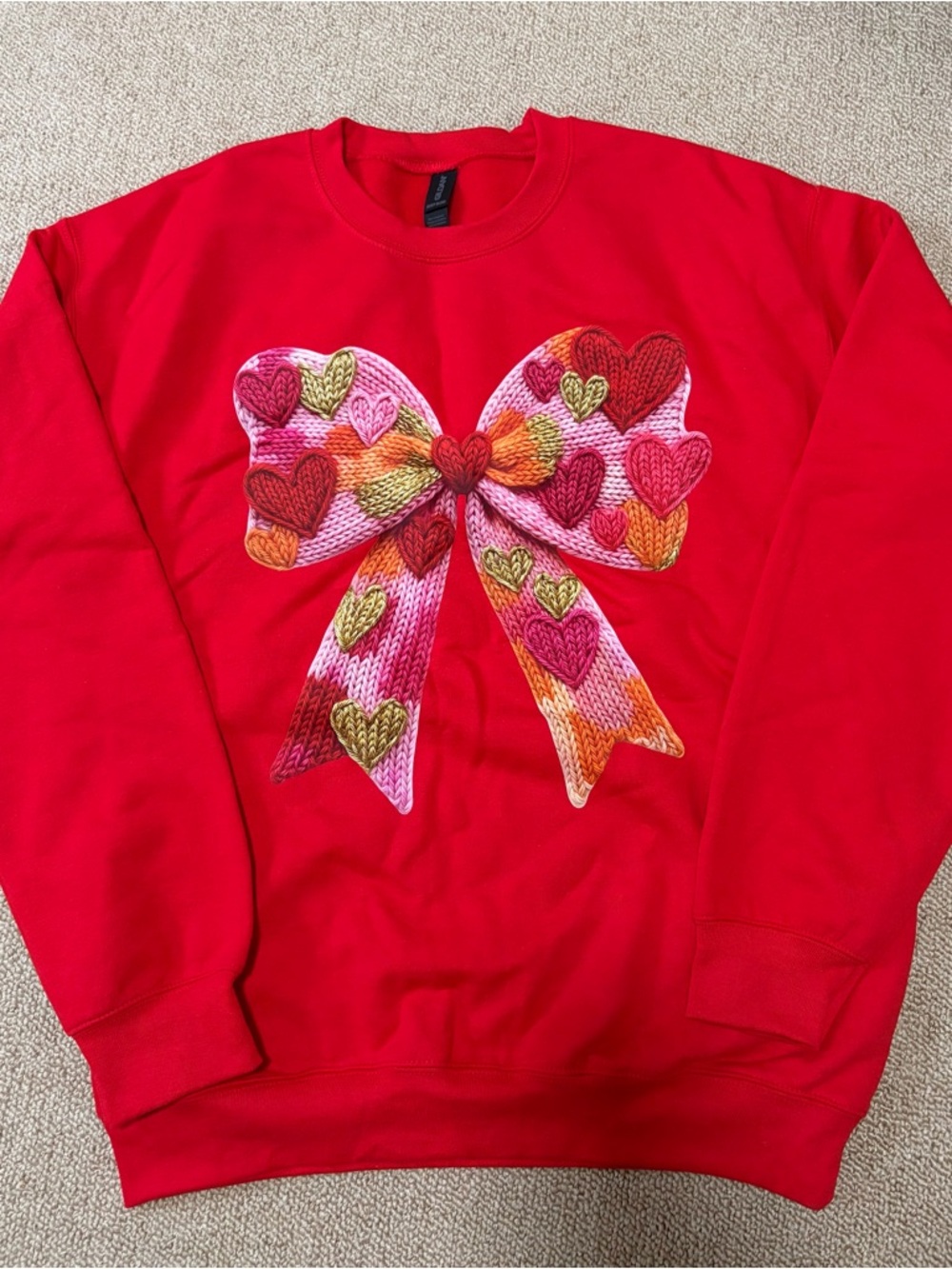 Gildan Red Crewneck Sweatshirt with Multicolor Heart Bow Graphic